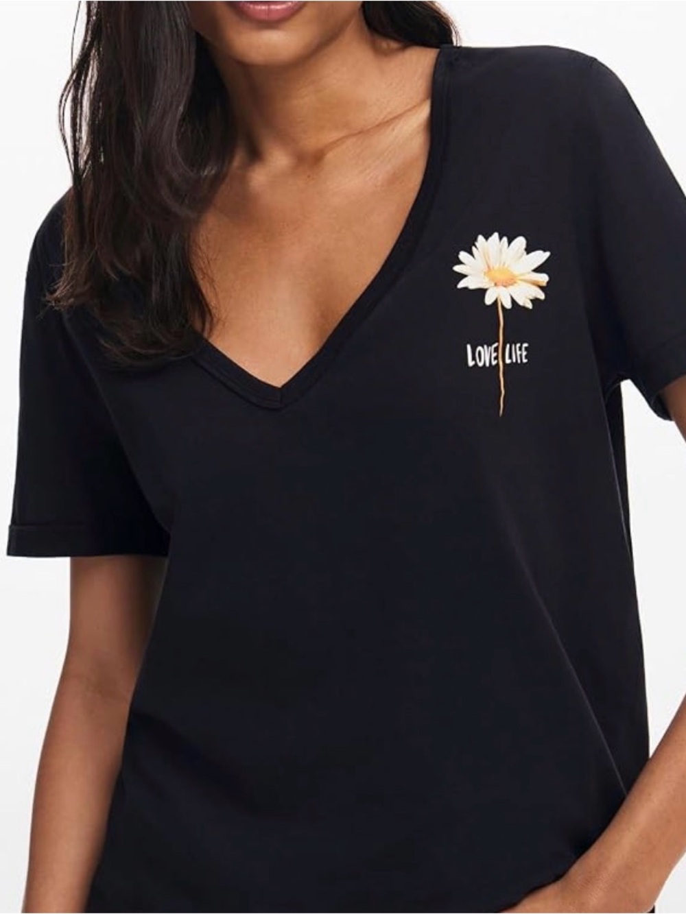 DESIGUAL BLACK SHORT SLEEVE V-NECK GRAPHIC T-SHIRT WOMENS MEDIUM